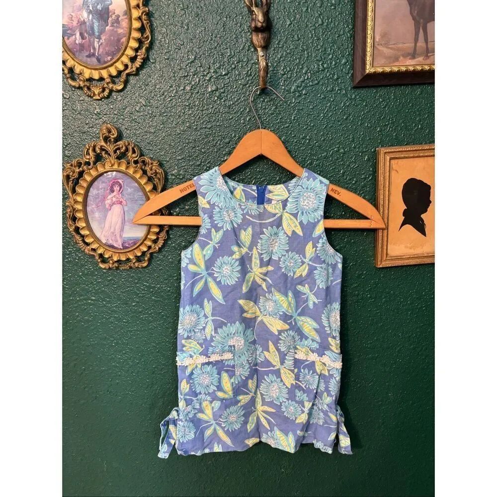 Lilly Pulitzer Size 6 Kids Shift Dress Blue Yellow White Floral Vintage
